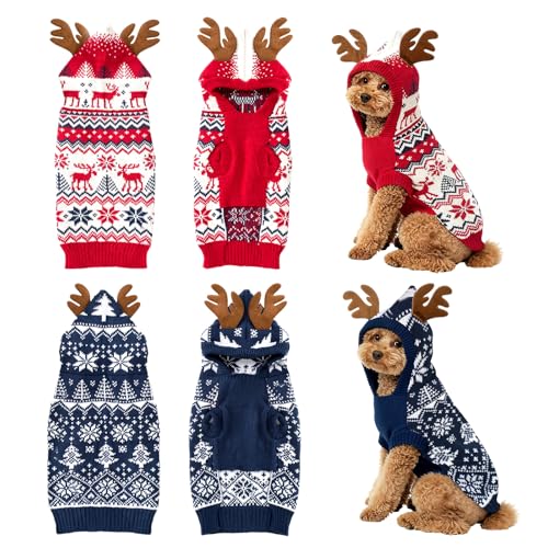 2 Pcs Christmas Dog Sweater Warm Winter Dog Hoodie Snowflake Christmas Tree Reindeer Pet Outfit Clothes Holiday Knitwear with Reindeer Antler Hood for Small Medium Pet Outdoors Playing(L)