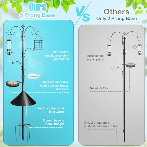 6-Hook Bird Feeding Station Kit, Wild Bird Feeder Stand Pole, Multi-Feeder Kit Stand with 4 Feeders, Bird Bath and Mesh Tray, 94 Inch
