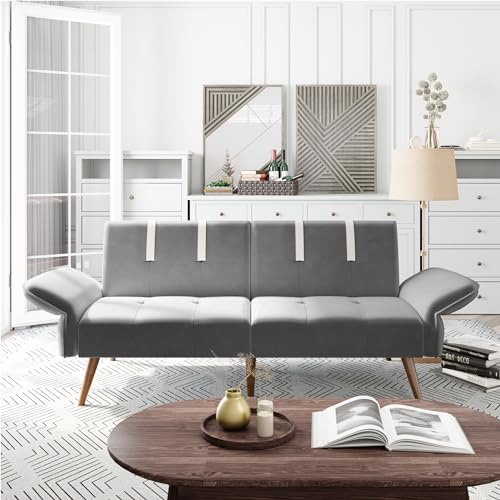 Shintenchi Sleeper Sofa Bed,Velvet Futon Folding Couch Bed with Adjustable Armrest Backrest,Loveseat Sofa Couch for Living Room Apartment Office Small Space,Light Grey