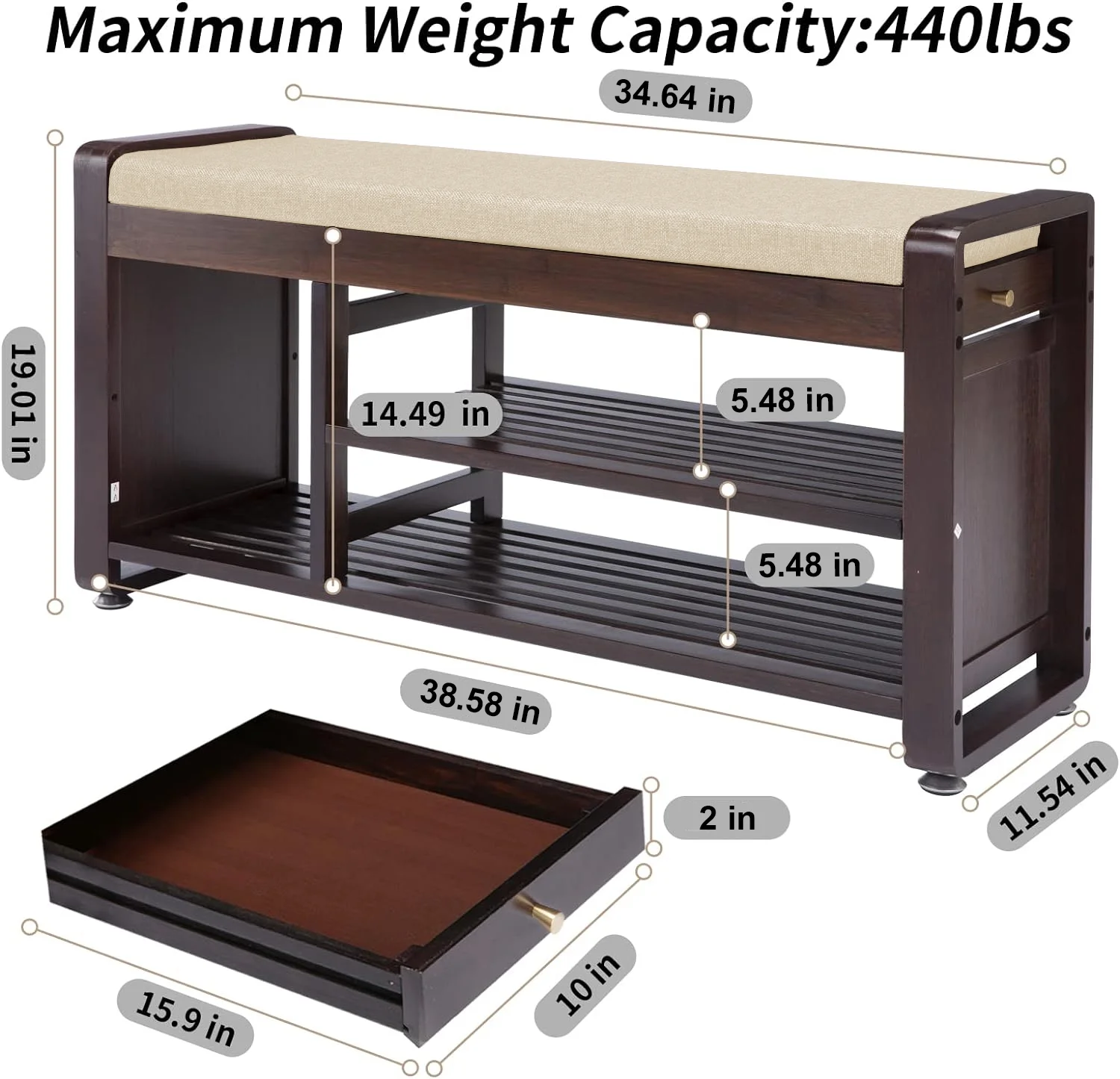 MinBoo Bamboo Shoe Bench with 3 Side Hooks, Removable  Cushion, 2-Tier Entryway Shoe Storage, 35.58