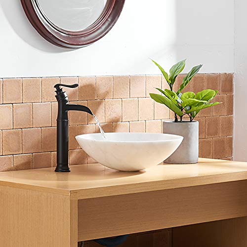 BWE Vessel Sink Faucet Waterfall Matte Black with Pop Up Drain Without Overflow and Supply Lines, Black Sink Faucet Bathroom One Handle Faucets Vanity Bath Mixer Tap