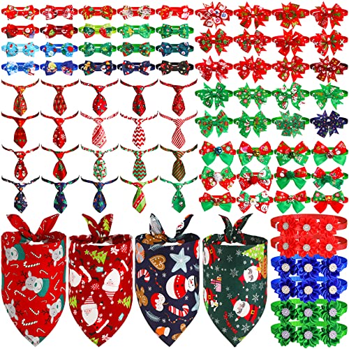Reginary 85 Pcs Christmas Dog Ties Set Include Neckties Flower Dog Bowknot Bandana Scarf for Xmas Puppy Cat