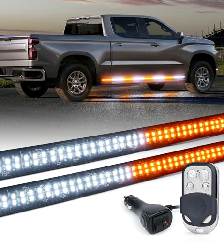 LUMENIX 2PCS 70 Inch Emergency Strobe Lights Strip LED Running Board Flexible Flashing Warning Hazard Safety Light Bar w/Wireless Remote for Construction Vehicles Work Trucks Pickups - White Amber