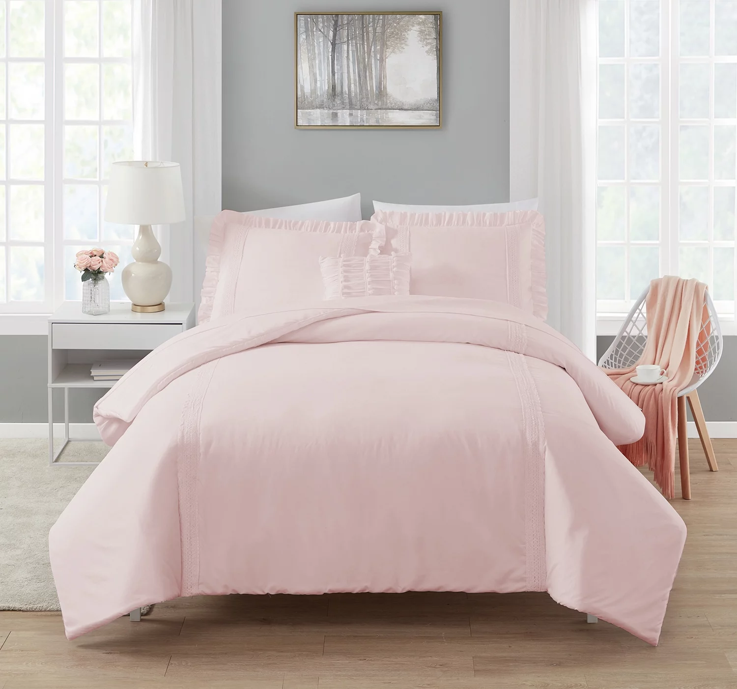 Simply Shabby Chic Pink Crochet Stripe 4-Piece Washed Microfiber Comforter Set, Full/Queen