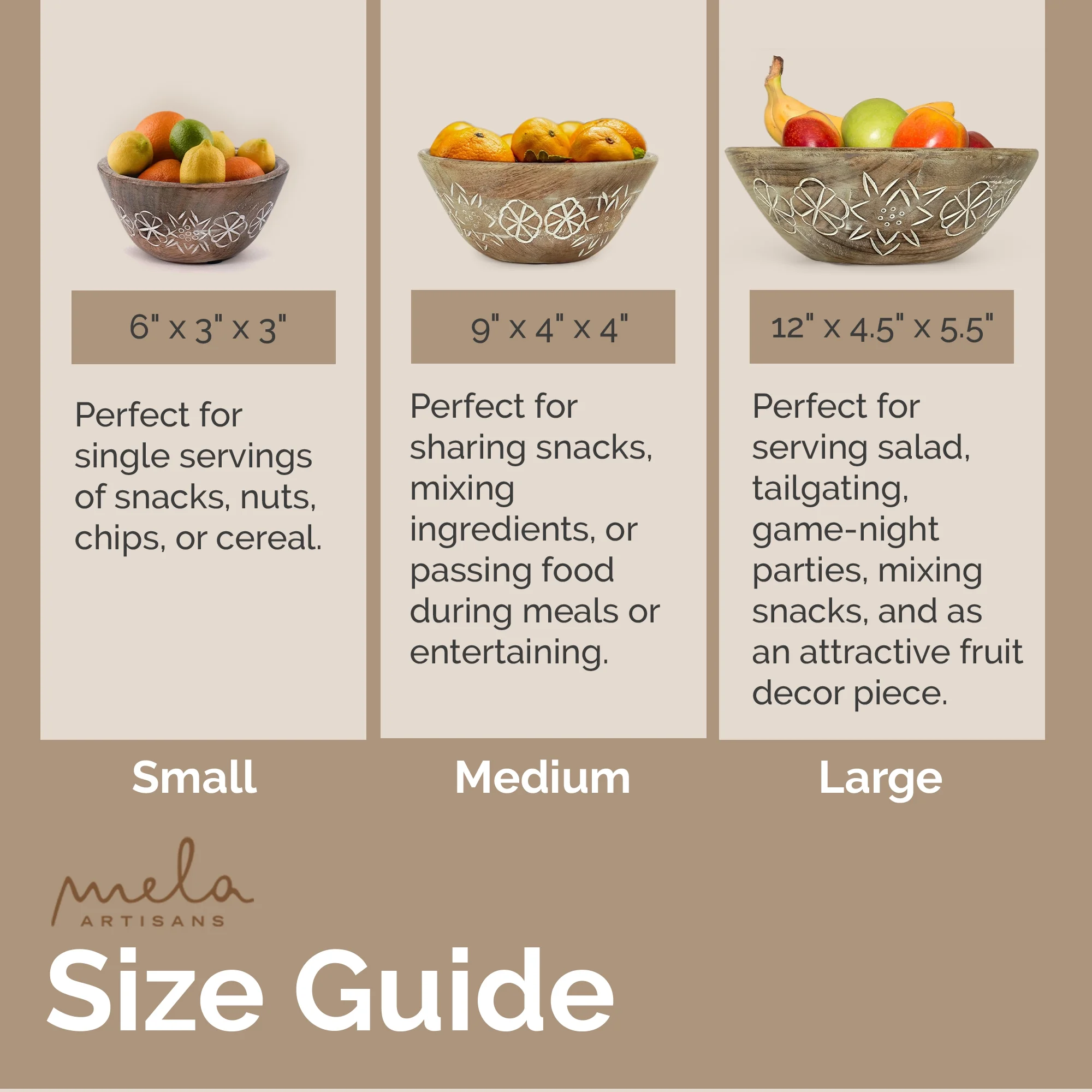 Mela Artisans hand Carved Large Wooden Serving Bowl - Natural Over White, 12