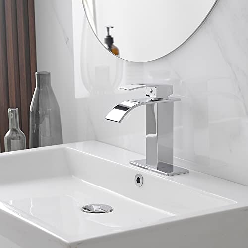 BWE Vessel Sink Faucet Modern Waterfall Chrome Single Hole Bathroom Faucet Single Handle with Pop up Drain Without Overflow Assembly Vanity Basin Bath Sink Faucets Mixer Tap
