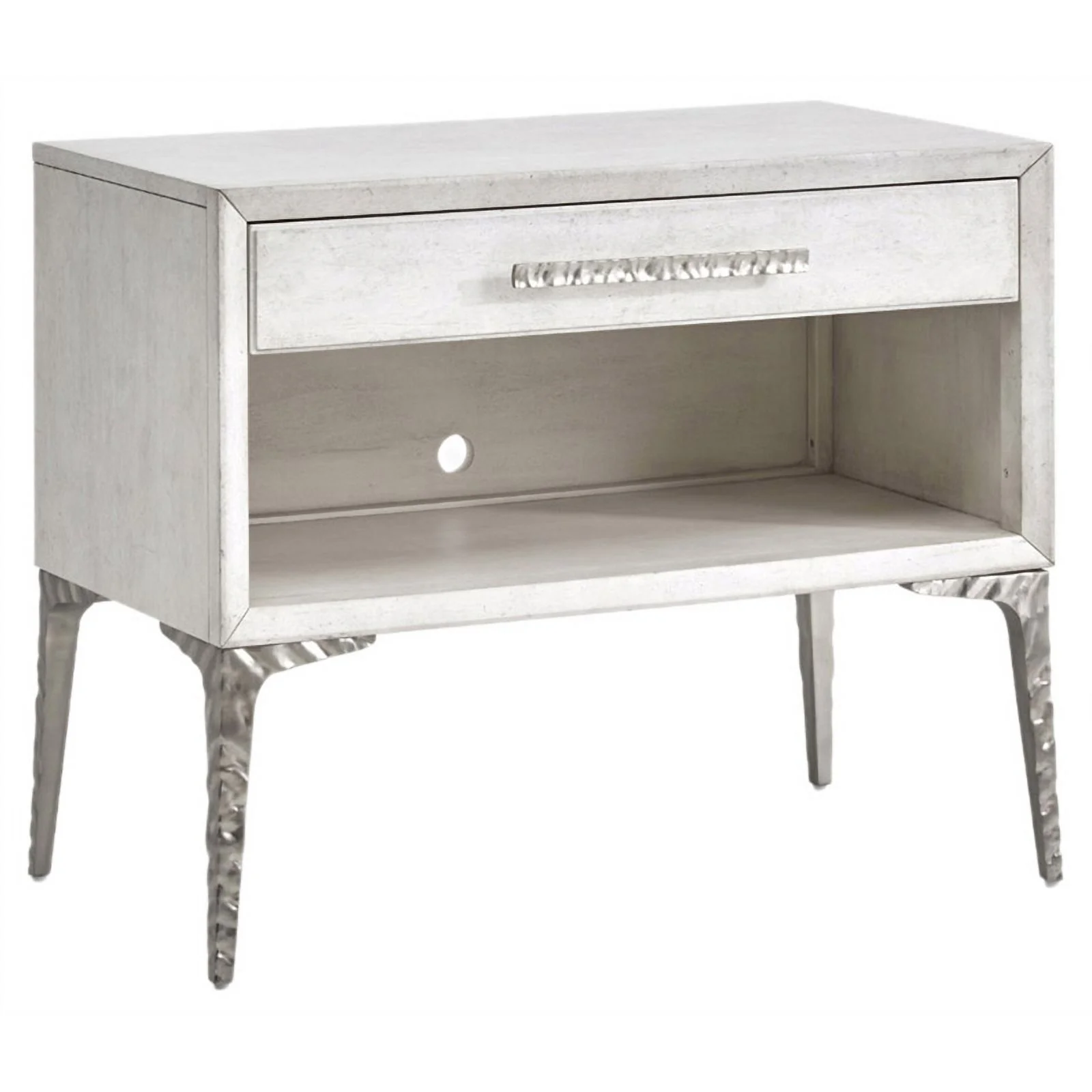 Maddie Home 1-Drawer Solid Wood / Metal Accent Nightstand in White / Silver Fog