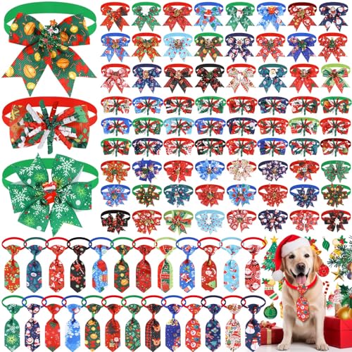 100 Pcs Christmas Dog Bow Tie Collar Bulk Pet Bow Tie Adjustable Dog Bowties Neckties Collars for Small Medium Pet Xmas Party Supply