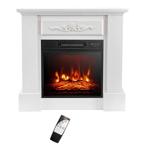 S AFSTAR Electric Fireplace with Mantel, 1400W 32 Inch Fireplace Heater with Remote Control, 6H Timer, Adjustable 3D Flame Effect, Thermostat, Electric Fireplace Heater for Living Room (Brown)