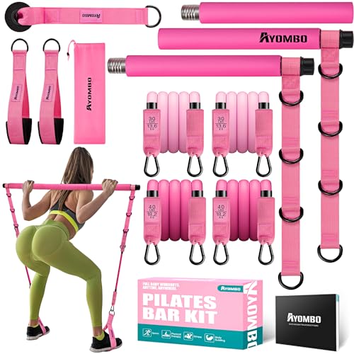 Pilates Bar Kit with Resistance Bands, Pilates Workout Equipment for Legs, Hip, Waist, Arm, Squats Exercise Equipment for Home Workouts, Adjustable 3-Section Pilates Bar Kit for Women & Men