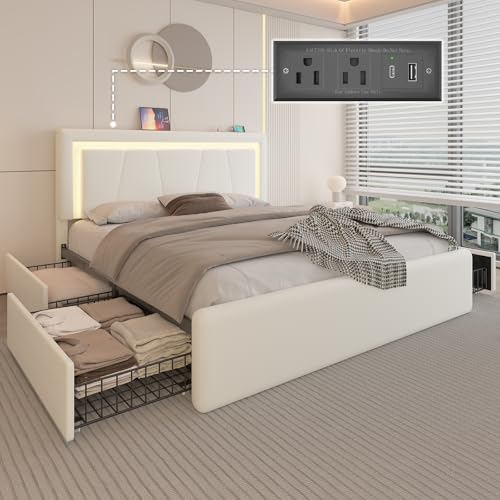 Full Size Bed Frame with 4 Storage Drawers and LED Lights, Upholstered Platform Bed with Adjustable Headboard and Charging Station, Metal Slats Support, No Box Spring Needed,Easy Assembly, White