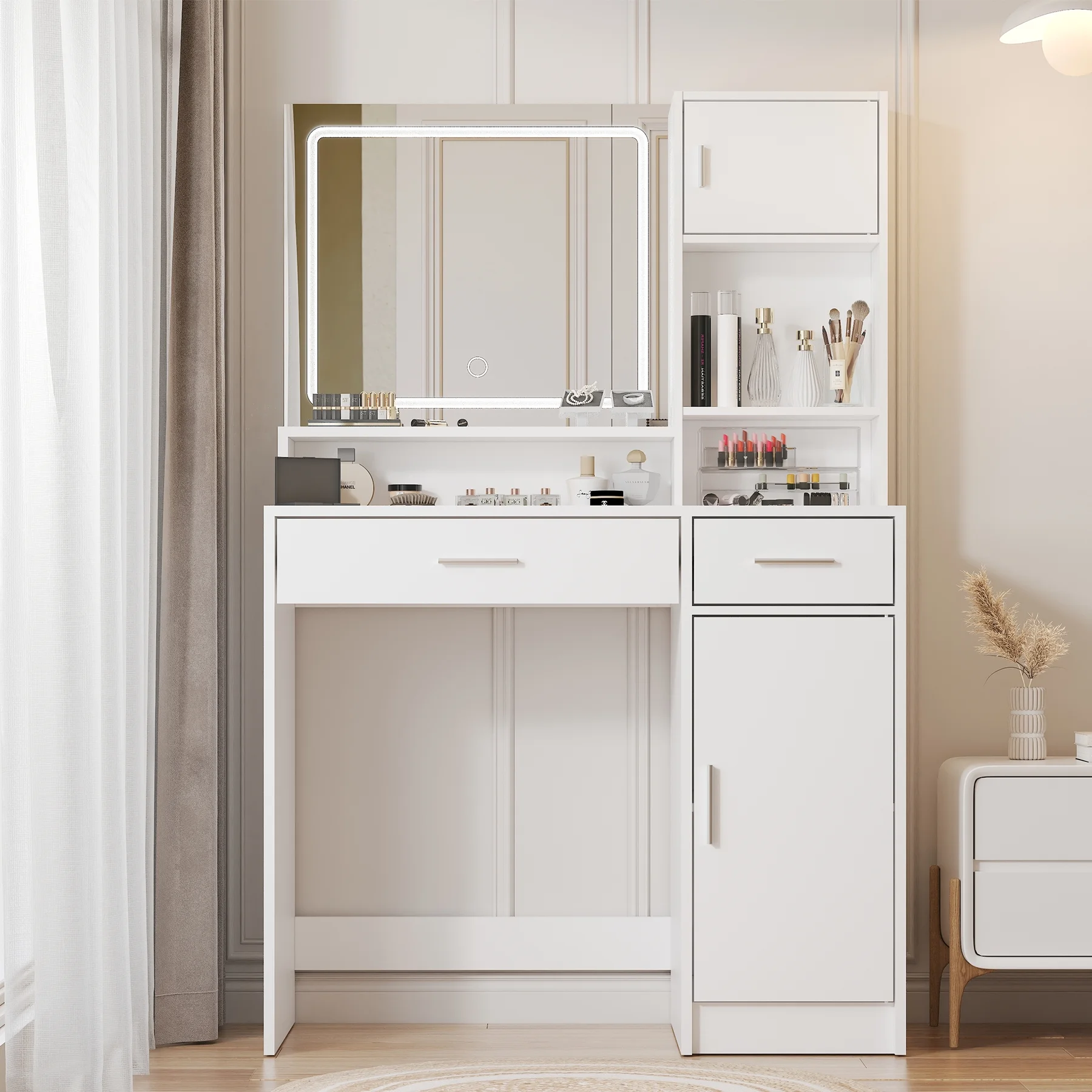 MIRROTOWEL Vanity Desk,Dressing Table with Large Drawer , 3 Level Storage Dresser White