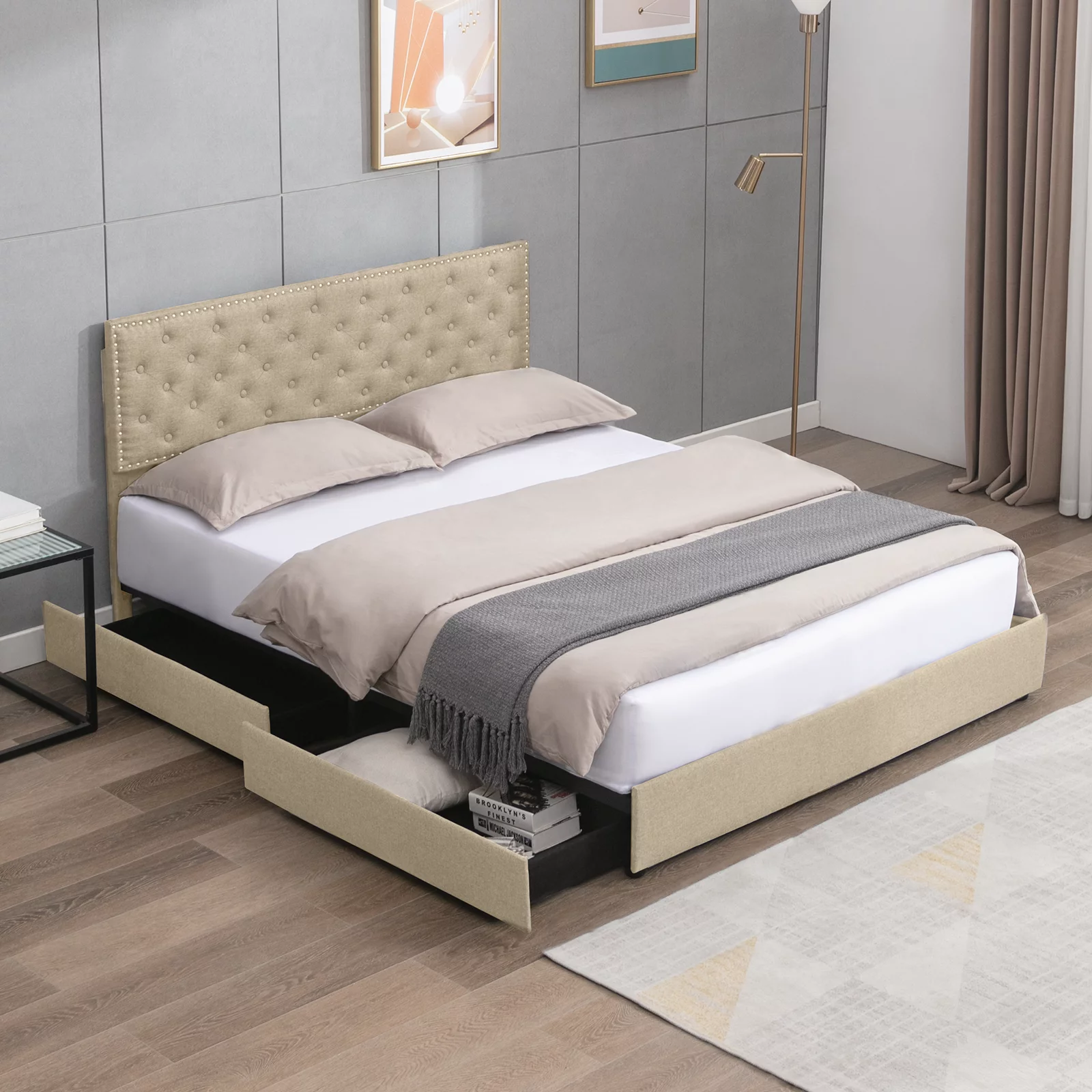 MUZZ Platform Bed Frame with 4 Large Storage Drawers, King Size Bed Frame with Adjustable Tufted Headboard, No Box Spring Needed, Wood Slats Support, Easy Assembly (King, Beige)