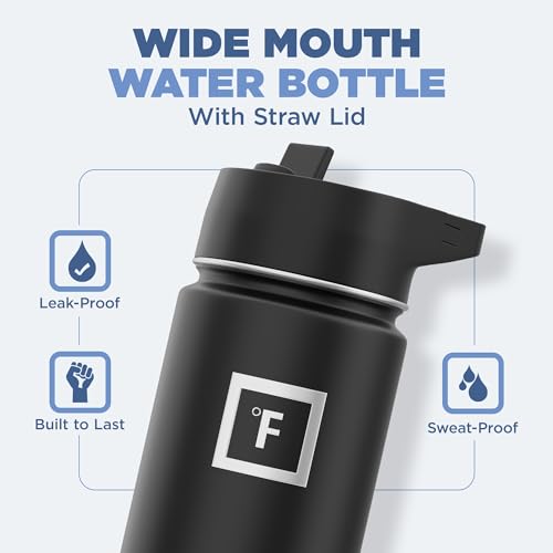 IRON °FLASK Camping & Hiking Hydration Flask with 3 Lids - Stainless Steel, Double Walled & Vacuum Insulated Water Bottle - Leak Proof & BPA Free (Midnight Black, Straw - 40 oz)