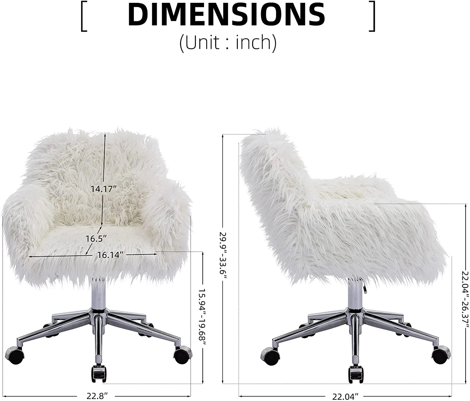 White Vanity Chair Faux Fur Swivel Home Office Desk Chair, Soft Fluffy Chair For Bedroom For Girls, Makeup Vanity Chair With Back, Cute Office Chair With Upholstered Seat, White