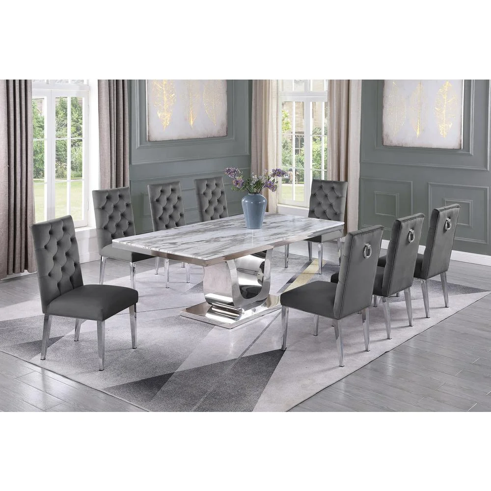Silver Stainless Steel 9 Piece Dining Set with Marble Table and Gray Chairs