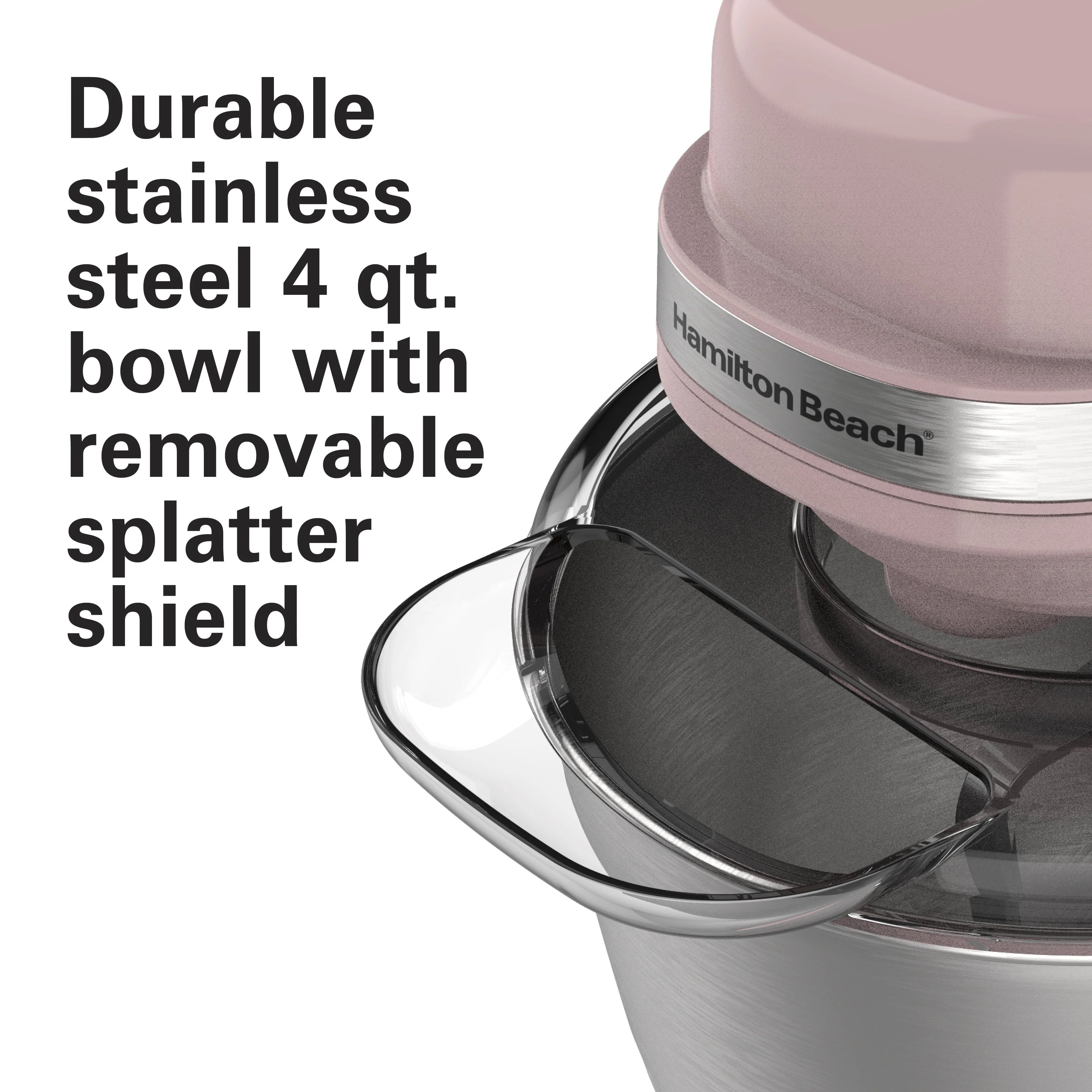 Hamilton Beach Electric Stand Mixer, 4 Quart Stainless Bowl, 7 Speeds, Tilt-Head, Dough Hook, Whisk and Flat Beater, Splash Guard, 300 Watts, Rose, 63386