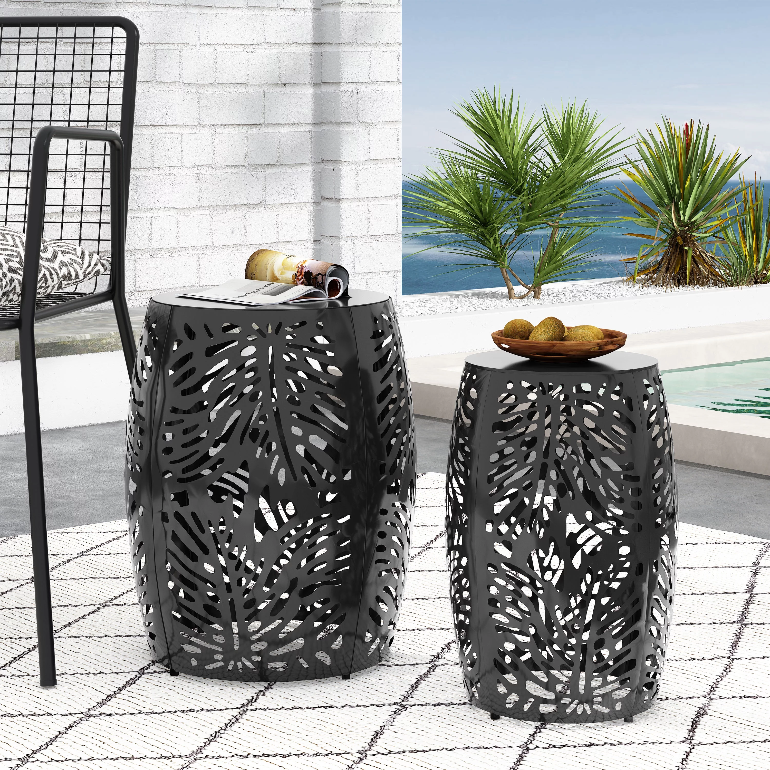 Lindsey Metal Outdoor Side Tables, Set of 2, Black
