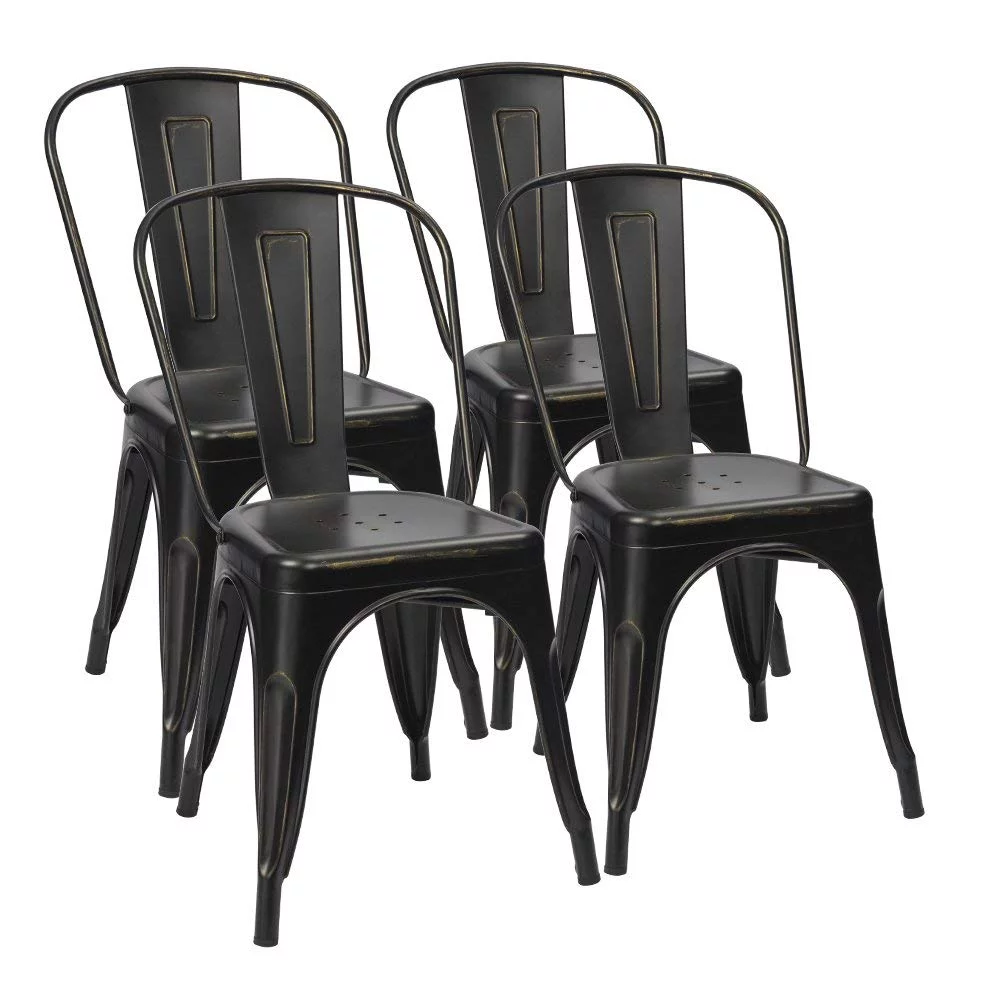 Lacoo Set of 4 Metal Dining Chair Indoor-Outdoor Use Stackable Classic Trattoria Chair Chic Dining Bistro Cafe Side Metal Chairs, Black Gold