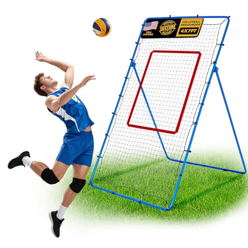 7x4 FT Volleyball Rebounder Net, 5-Angle Adjustable with Steel Frame & High-Tension PE Netting, for Lacrosse, Baseball, Soccer Practice Perfect for Setting, Spiking, and Bumping