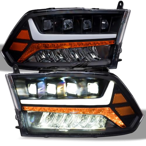 7422440583555 Compatible With 2009-2018 Dodge Ram 1500/2019-2022 Classic / 2010-2018 2500 3500 Black Housing Full LED Sequential Quad Projector Headlights With Amber Reflector