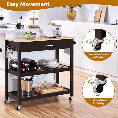 Yaheetech Kitchen Island Cart on Wheels with Bamboo Tabletop, 3-Tier Rolling Kitchen Island Microwave Cart with Drawer, Detachable Towel, 3 Hooks, 17