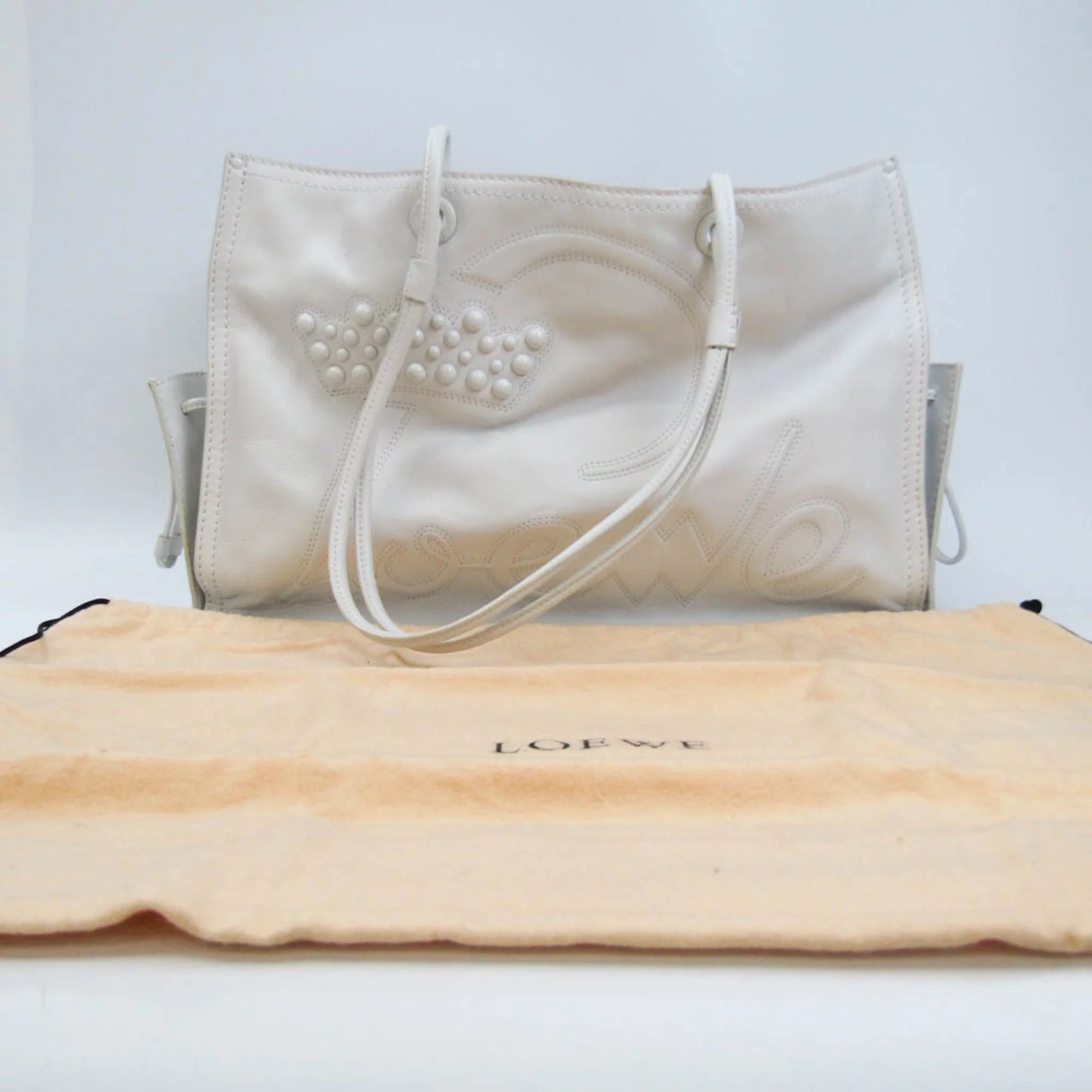 Pre-Owned Loewe Crown Logo Stitch Women's Leather Shoulder Bag,Tote Bag White (Good)