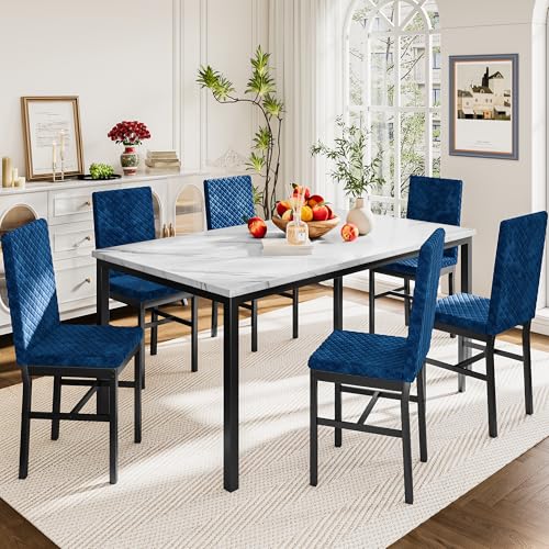 Recaceik Dining Table Set for 6, Faux Marble 7 Piece Dining Table Set with Chairs, Kitchen Table Set with PU Leather Dining Chairs for Small Space & Breakfast Nook, Black