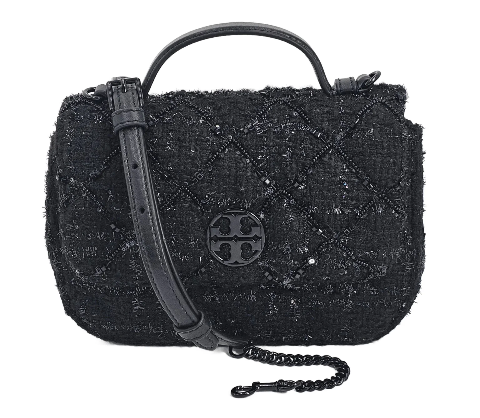 Tory Burch 153384 Willa Black With Black Hardware Beaded Tweed Women's Mini Top Handle Crossbody Bag