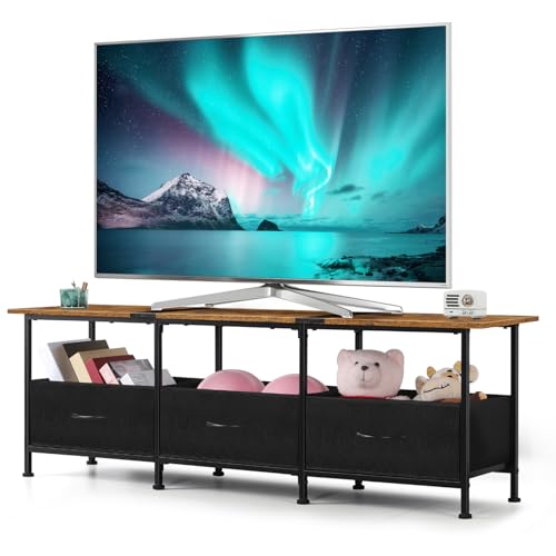 CADUKE Black TV Stand for 55 inch TV, Farmhouse Entertainment Center with 3 Fabric Drawers, Industrial TV Console Table for Bedroom, Living Room