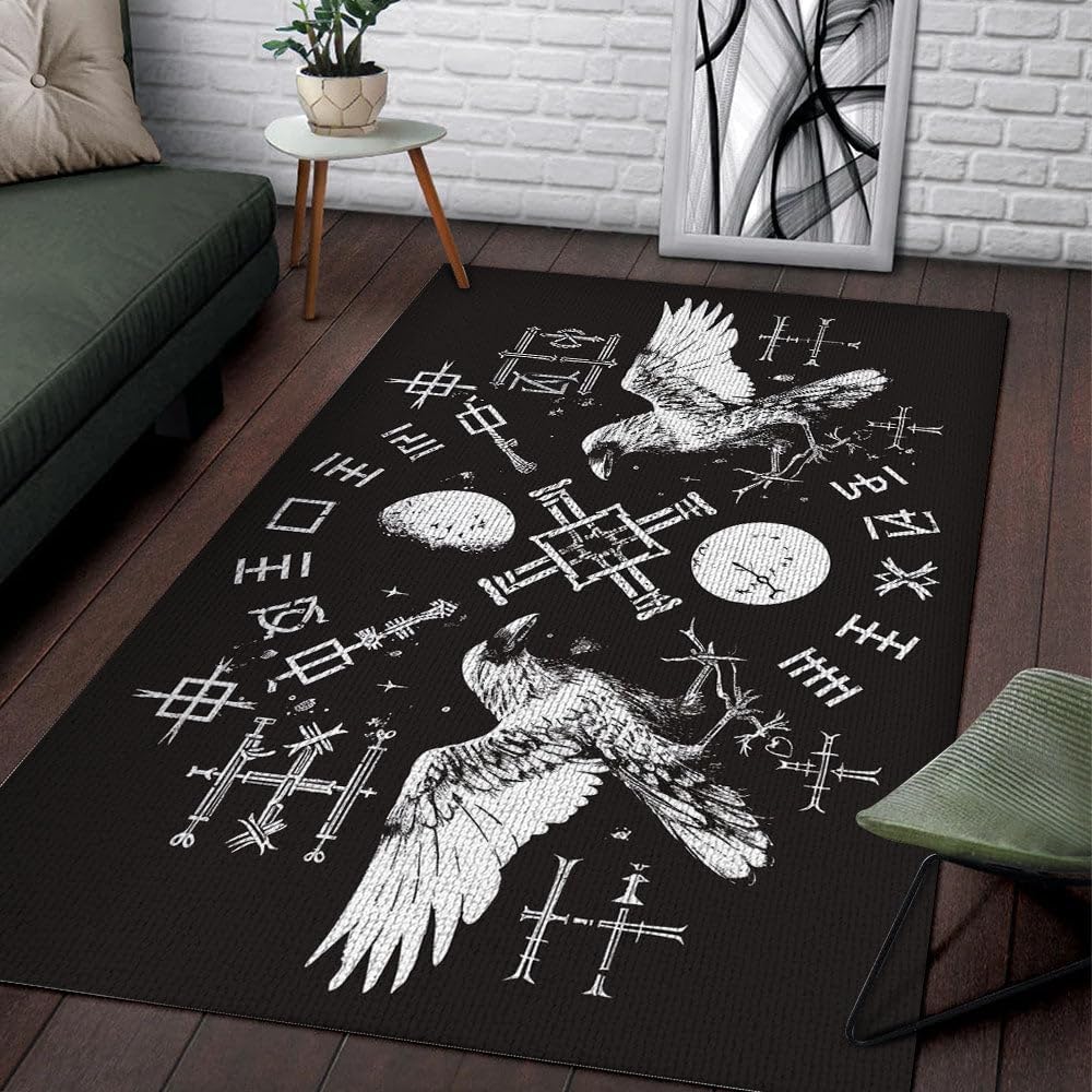 Viking Rugs for Living Room, Scandinavian Symbol Carpet with Mythology Nordic Design for Living Rooms, Bedrooms Home Office Indoor Decoration, Customize Size 3x5, 4x6, 5x8 ft (Raven viking)