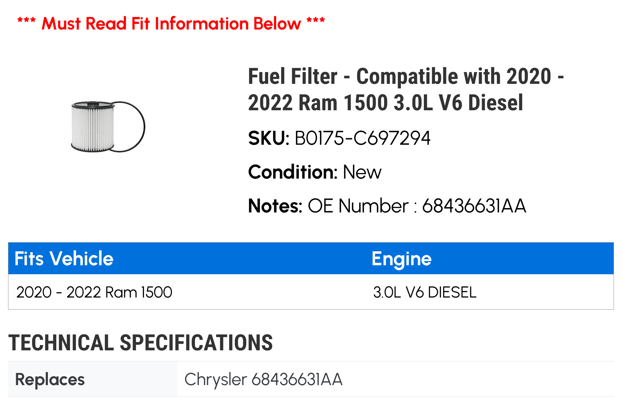 Fuel Filter - Compatible with 2020 - 2022 Ram 1500 3.0L V6 Diesel 2021
