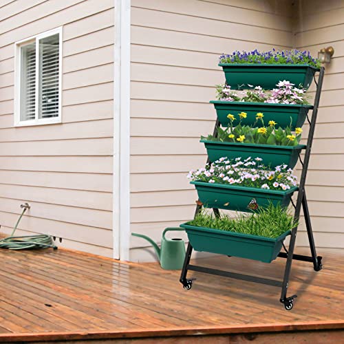4.5Ft Vertical Garden Planter, Raised Garden Bed with Container 5 Boxes and Wheels Freestanding Vegetable Elevated Drainage Planters for Outdoor Plants Grow Flower Deck Patio Balcony Indoor, Green