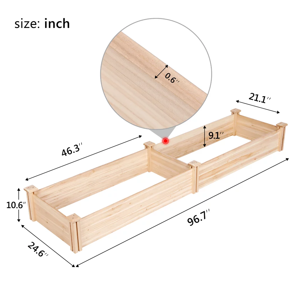 Easyfashion Wooden Raised Garden Bed,  96.7 x 24.6 x 10.6inch (L x W x H),Natural Wood