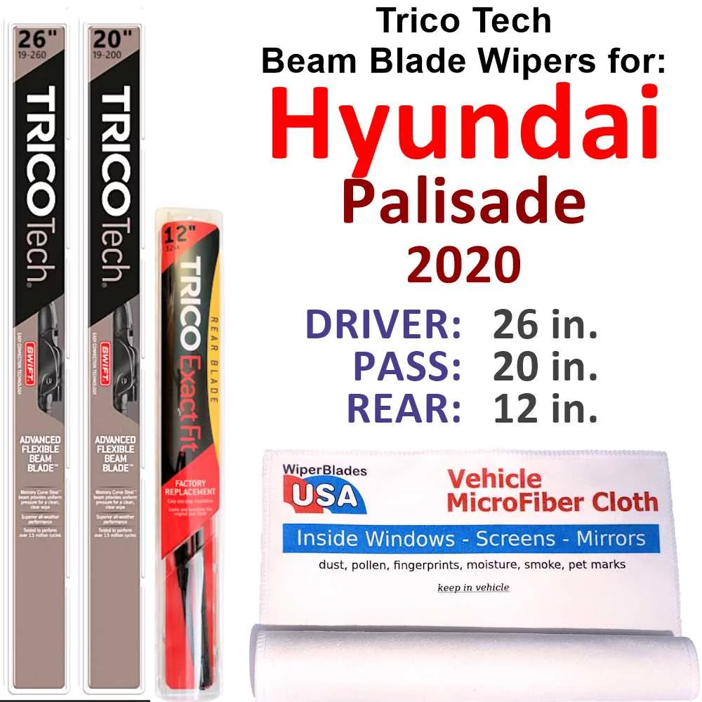 Beam Blade Wipers (Set of 3) w/Rear Wiper compatible with 2020 Hyundai Palisade