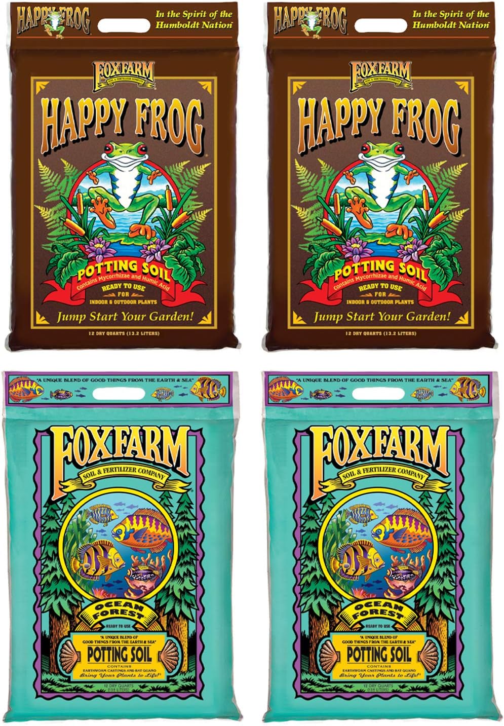 FoxFarm Ocean Forest Organic Plant Outdoor and Indoor Potting Soil with Happy Frog Nutrient Rapid Growth Potting Mix for Gardens (4 Pack)
