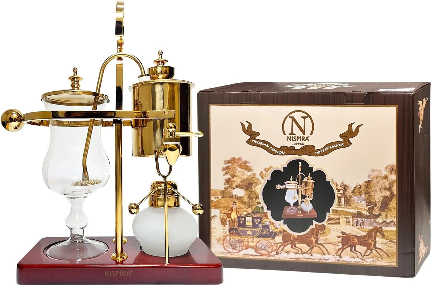 Nispira Belgium Royal Family Balance Syphon Coffee Maker Vacuum Brewing System | Vintage Classic Retro Luxury Exquisite Design | Smooth Great Aroma | Gold Color | 500 ml
