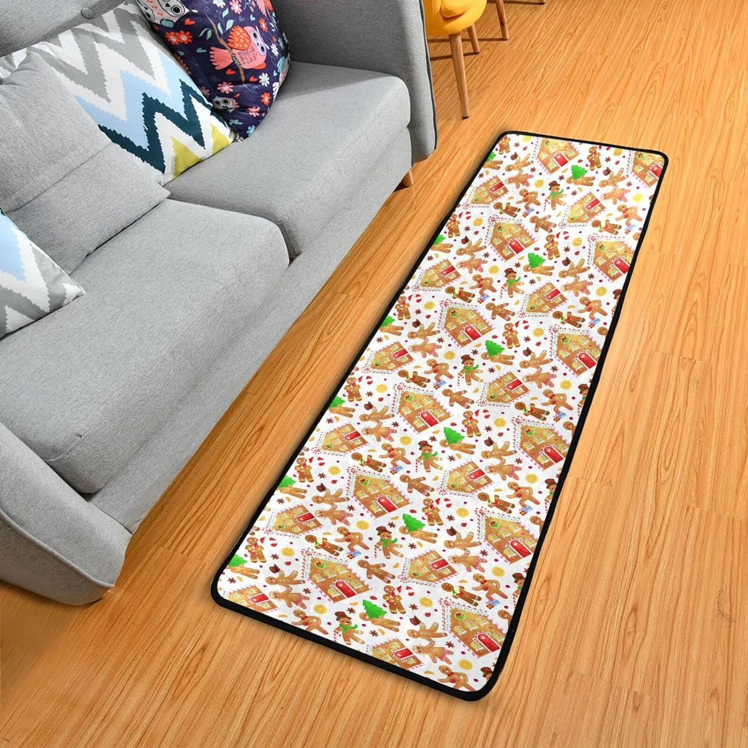 SKYSONIC 2X6 Feet Christmas Cookies Man Girl Runner Rug with Rubber Backing, Gingerbread House Lemon Spices Non Slip Entryway Rug Runner Washable Soft Area Rug Carpet for Hallway Bedroom Kitchen Decor