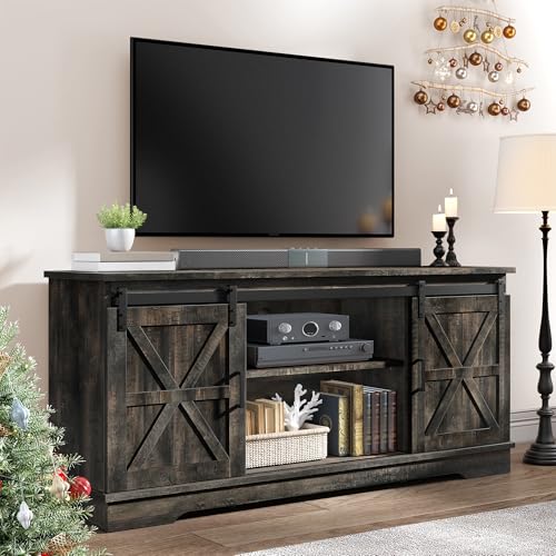 YITAHOME Farmhouse TV Stand for 65 Inch Television Stand, Entertainment Center with Storage Cabinets and Sliding Barn Doors, Rustic Media TV Console Table for Living Room, Grey White/Grey Wash