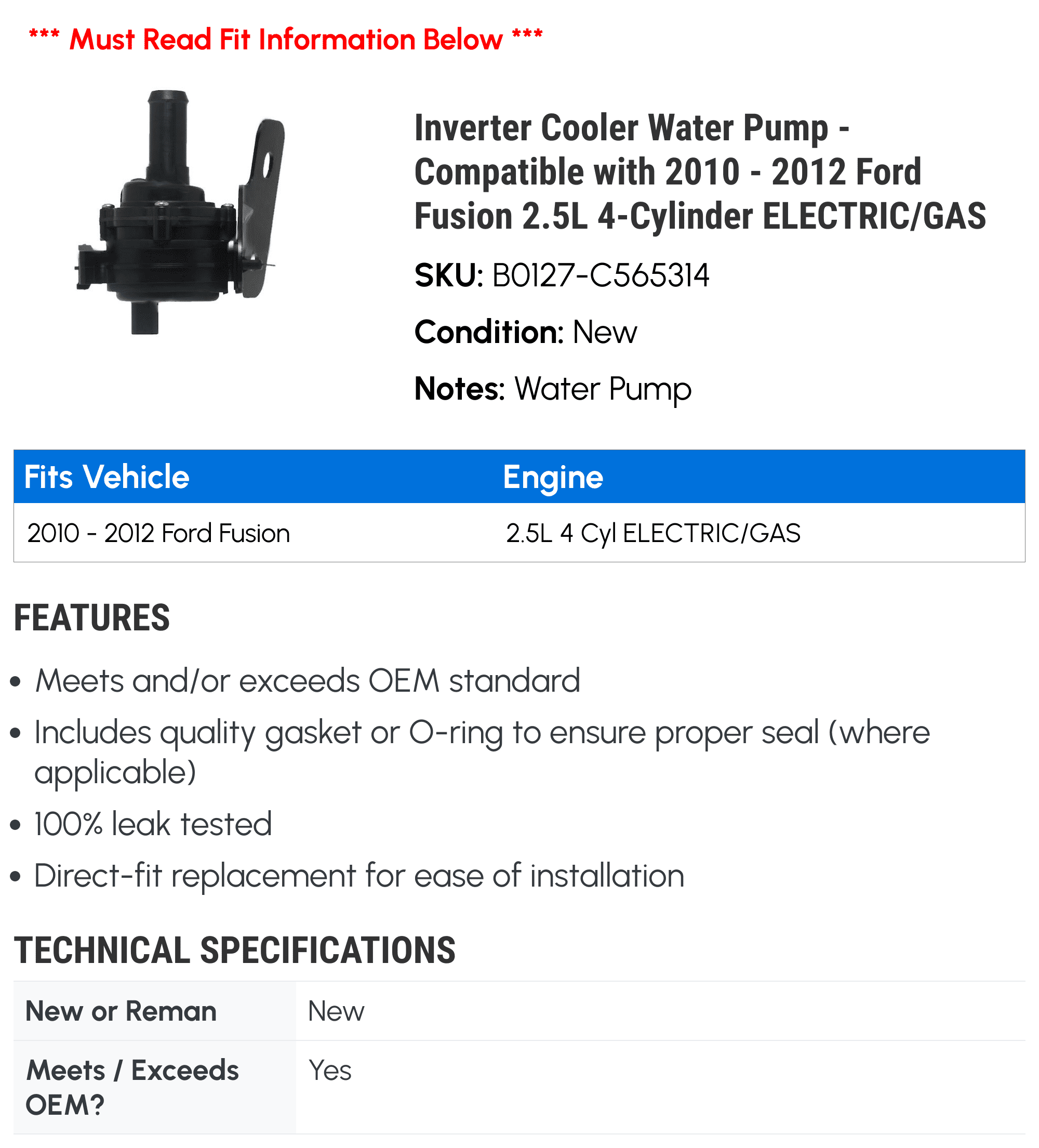 Inverter Cooler Water Pump - Compatible with 2010 - 2012 Ford Fusion 2.5L 4-Cylinder ELECTRIC/GAS 2011