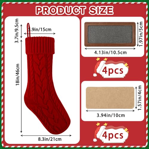 4PACK Christmas Stockings,18Inches Large Cable Knitted Stocking Personalized Xmas Hanging Stocking Decorations with Name Tags for Holiday Christmas Party Family Decor(Red White