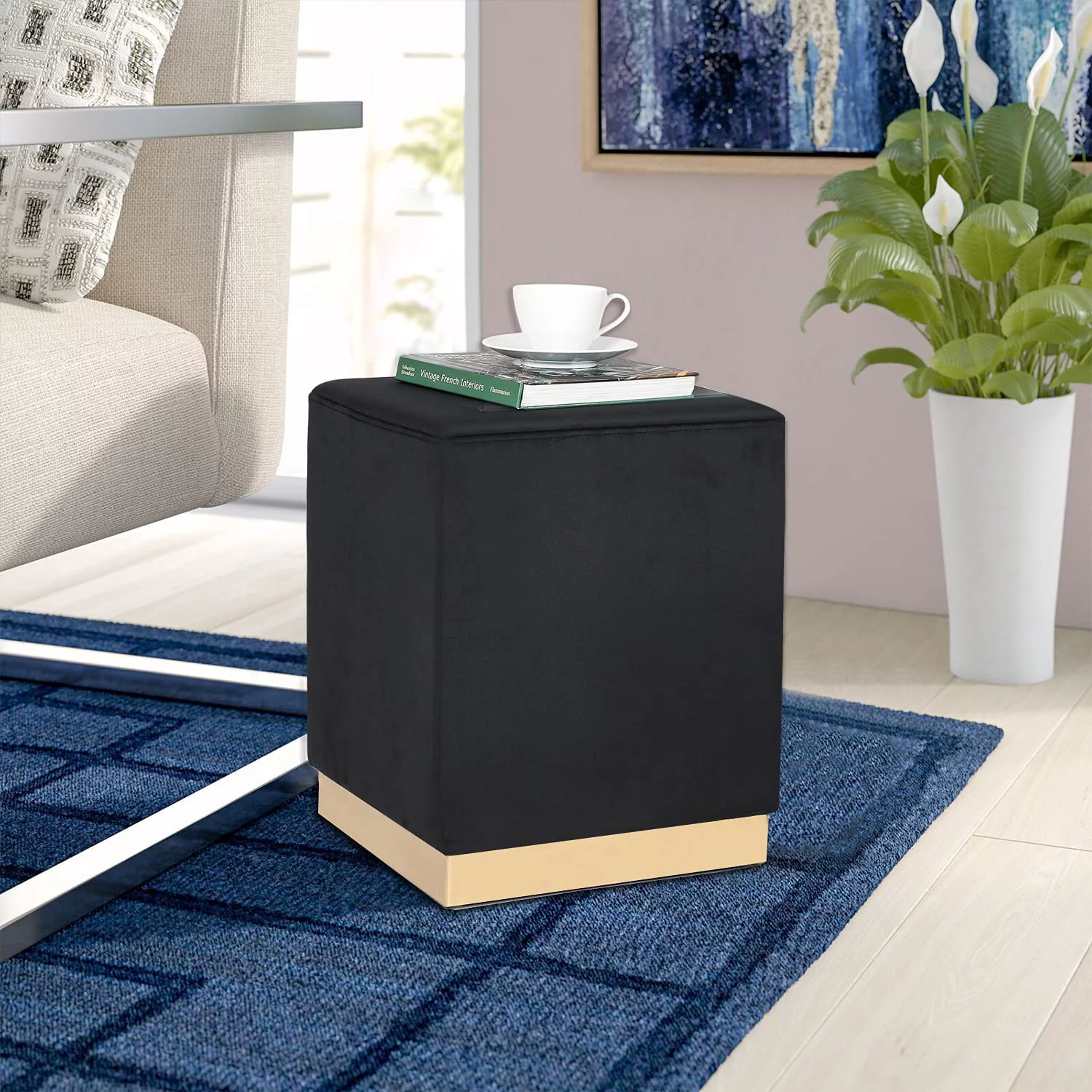 Square Ottoman Footrest Velvet Padded Vanity Stool Trim Footstool Coffee Table For Living Room Bedroom Entryway (Black)