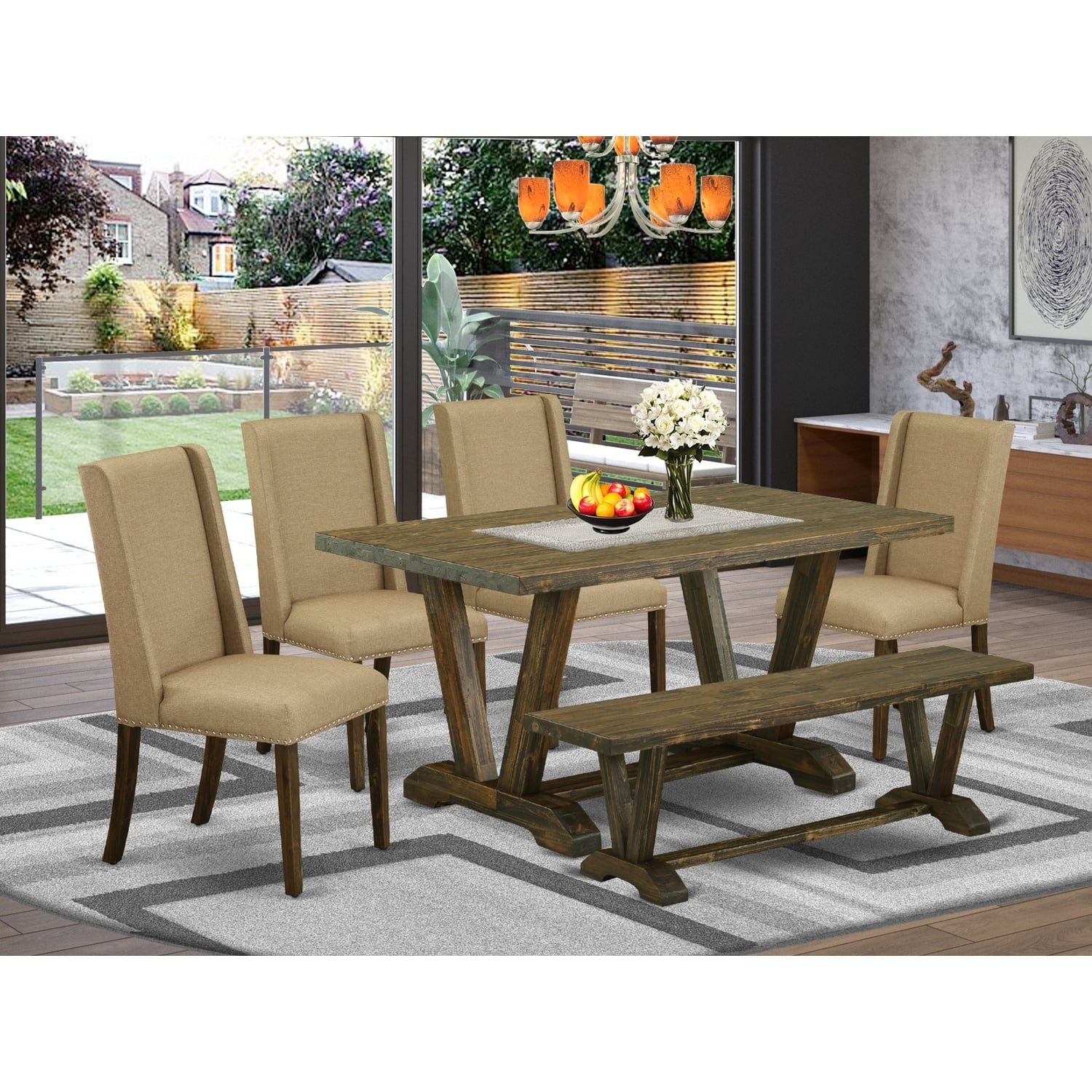 Maykoosh Southwestern Sanctuary 6-Piece Table Dining Set-Dark Khaki Linen Fabric Seat & High Stylish Chair Back Kitchen Chairs, A bench & Top Kitchen Table With Wood Legs