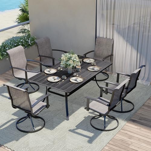 Grand patio 7-Piece Patio Dining Set for 6, Outdoor Dining Set with Swiviel Patio Chairs & 1 Rectangular Woodgrain Dining Table with Umbrella Hole, Mixed Coffee