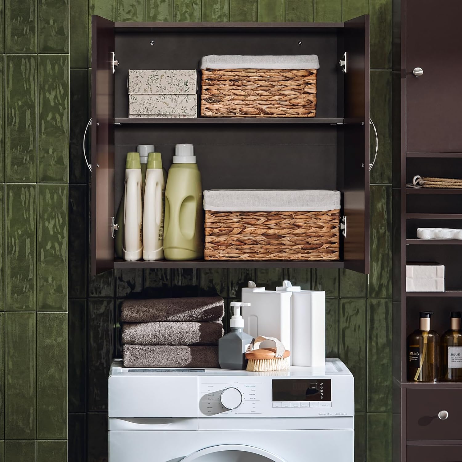 Haotian Laundry Hamper Cabinet with 2 Drawers and Wall Cabinet, BZR33-BR+FRG231-BR