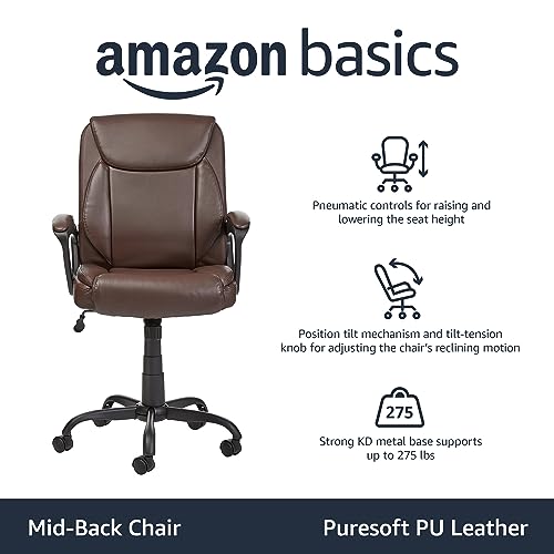 Amazon Basics Classic Puresoft PU Padded Mid-Back Height Adjustable Office Computer Desk Chair with Armrest, 26