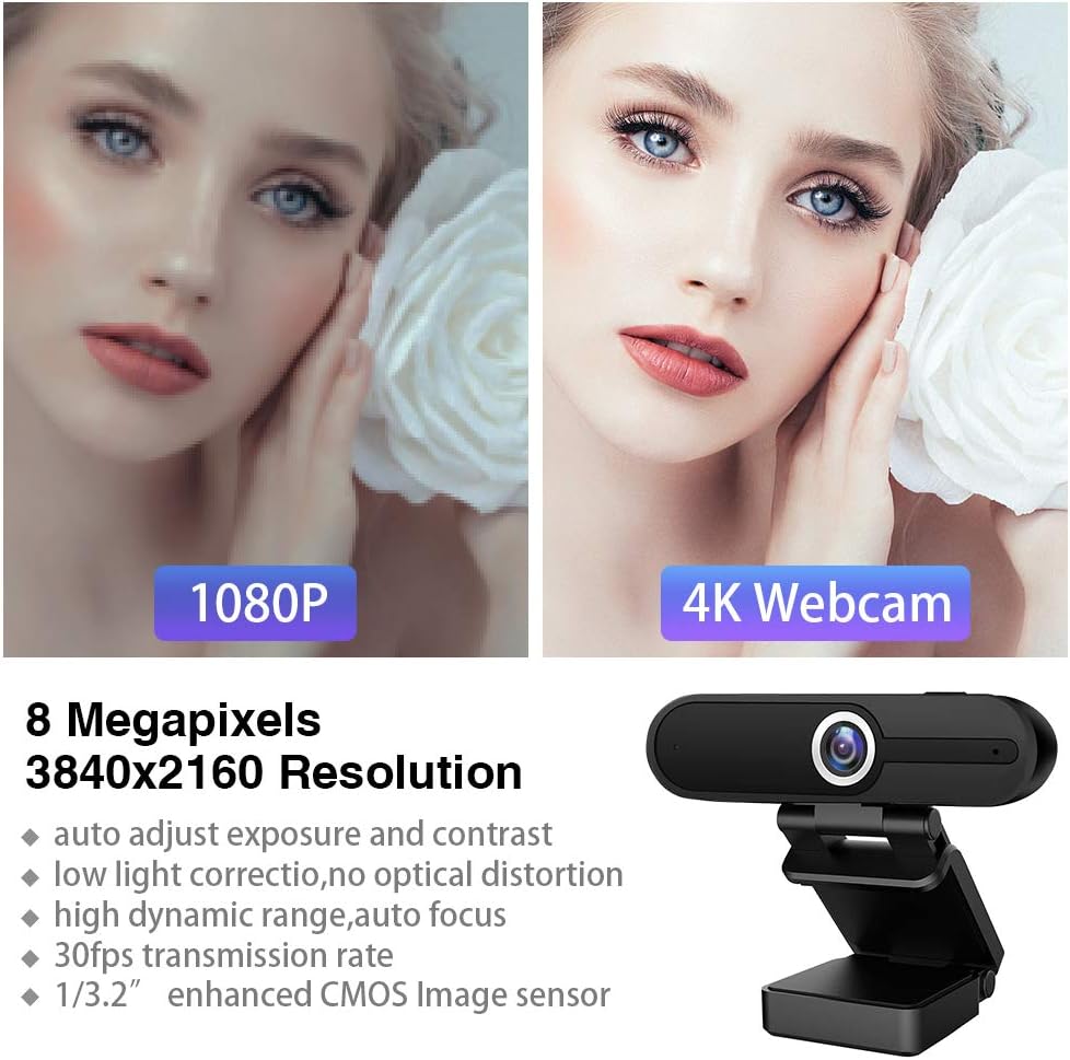 4K Webcam with Microphone,8 Megapixel Web Cam,Ultra HD Web Camera for Computers,Webcam for Laptop Desktop,USB Webcam with Privacy Cover,Pro Streaming Webcam for Video Calling