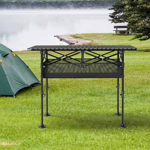 Height Adjustable Camping Table, Outdoor Folding Camping Table with Mesh Storage/Carrying Bag, Portable Aluminum Roll-up Table for Camping, Party, Backyard, BBQ