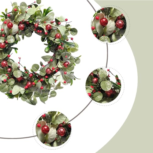 idyllic 22 Inch Artificial Christmas Wreaths for Front Door, Winter Spring Decoration Wreath with Red Berry Lamb Leaves, Evergreen Natural Wreath for Indoor Outdoor Farmhouse Festival Home Decor