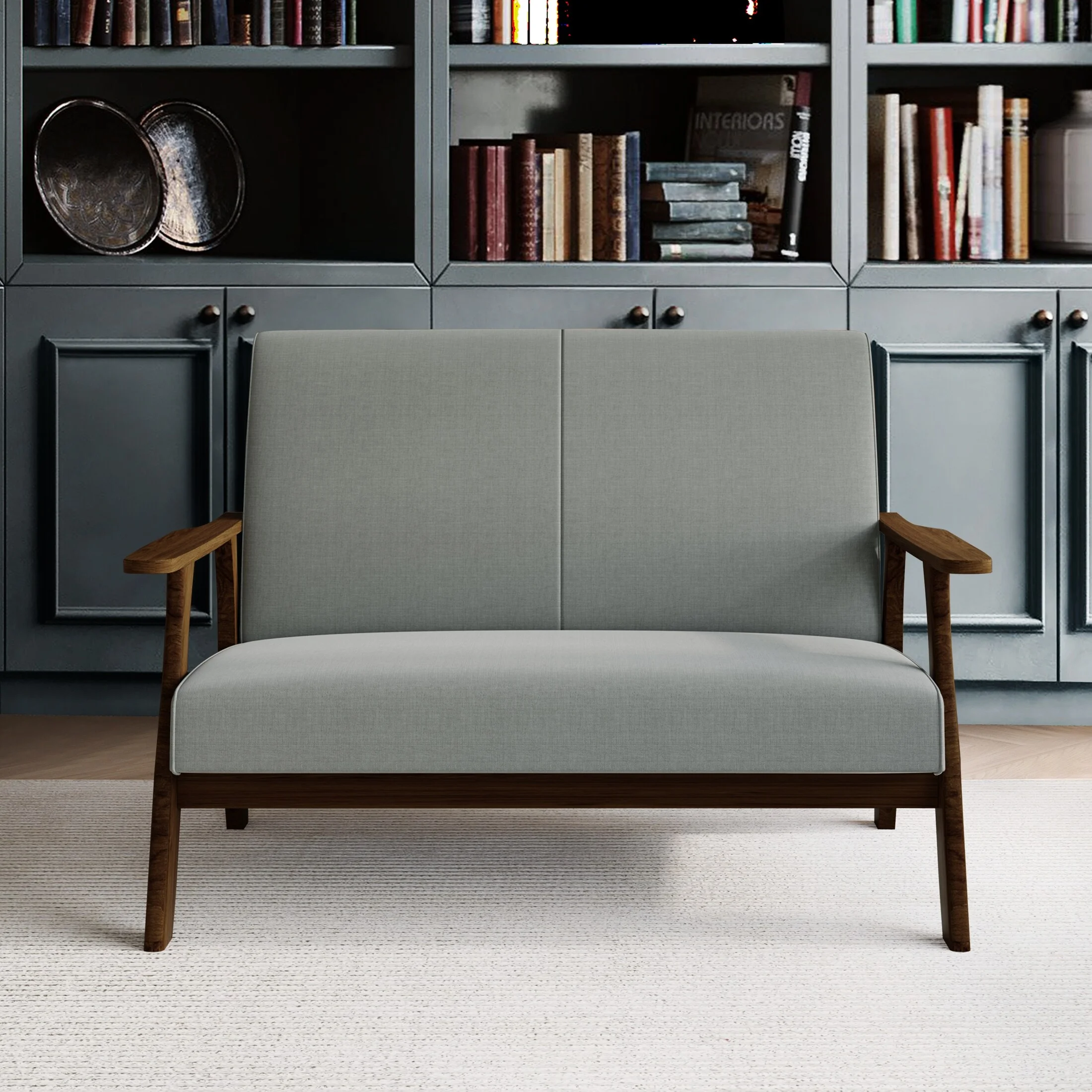 CraftPorch  Wenge Wood Mid-Century Modern Linen Loveseat Dark Grey